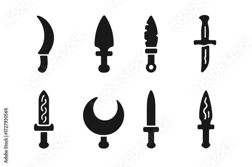 Ritual Knives Icons. Solid, filled icon set of ritual knives: curved dagger, ceremonial blade, obsidian knife, bone-handled knife, engraved short sword,