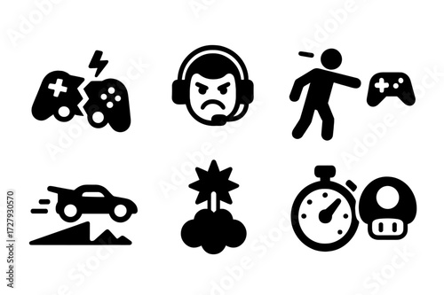 Reckless Gaming Icons. Solid, filled icon set of reckless gaming: broken controller, angry gamer, rage quit, high speed racing, dangerous stunts, explosion,