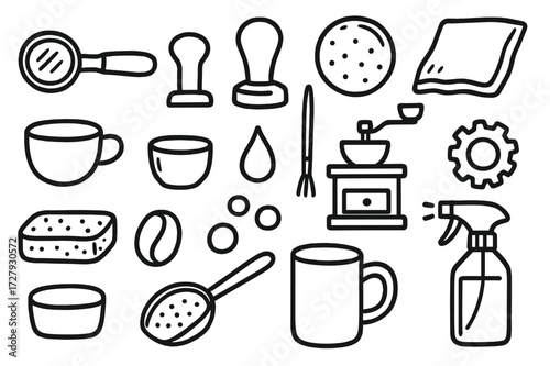 Coffee Tools Doodle. Hand-drawn doodle illustration Coffee barista tools portafilter, tamper, filter, grinder, brush, sponge, cup, droplet, bubbles, mug,