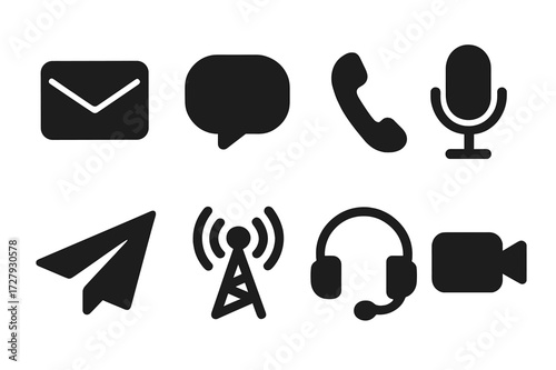 Communication Tools Icons. Solid, filled icon set of communication tools: envelope, speech bubble, phone receiver, microphone, paper plane, broadcast tower,