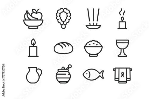 Offerings Line Art Icons. Offerings. Line icon set of offerings: fruit bowl, flower garland, incense, candle, bread, rice, milk jug, honey pot, wine cup, fish,