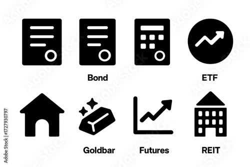 Financial Instruments Icons. Solid, filled icon set of financial instruments: stock certificate, bond paper, options contract, ETF icon, real asset, commodity