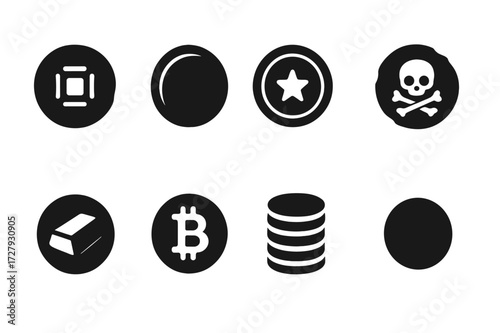 Gold Coins Icon Set. Solid, filled icon set of gold coins types: ancient coin, modern coin, commemorative coin, pirate coin, bullion coin, digital coin,