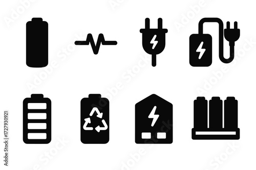 Cobalt Battery Icons. Solid, filled icon set of cobalt battery components: battery cell, electric circuit, power plug, charger, battery gauge,