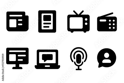 Press Media Icons. Solid, filled icon set of press media types: newspaper, magazine, TV, radio, online news, blog, podcast, social media. [Line icons in only
