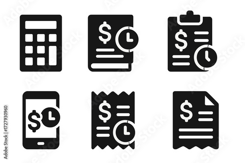 Financial Tools Icons. Solid, filled icon set of late payment financial tools: calculator, ledger, bank statement, budget planner, mobile wallet, financial