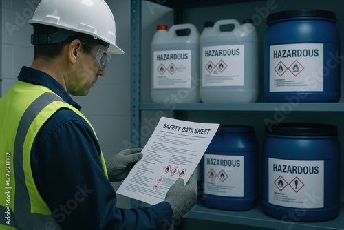 Worker reviews chemical safety data sheet in controlled storage area wearing protective gear