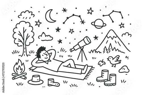 Stargazing Night Doodle. Hand-drawn doodle illustration Man stargazing in nature man lying on blanket, telescope, stars, moon, planet, constellation, tree,