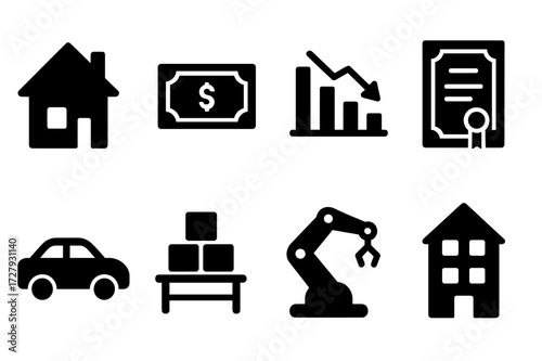 Bankruptcy Assets Icons. Solid, filled icon set of bankruptcy assets: property, cash, stocks, bonds, vehicle, inventory, machinery, real estate. [Solid, filled