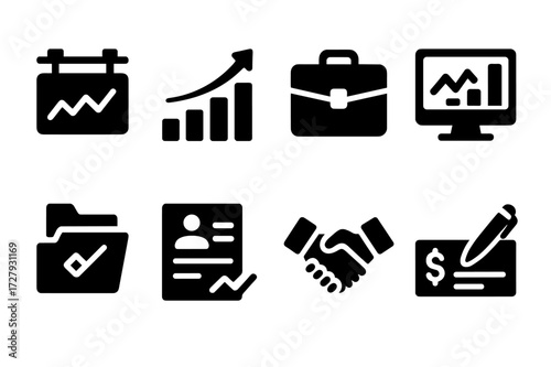 Investment Banking Icons. Solid, filled icon set of investment banking: stock ticker, IPO chart, equity briefcase, trading screen, portfolio file, analyst