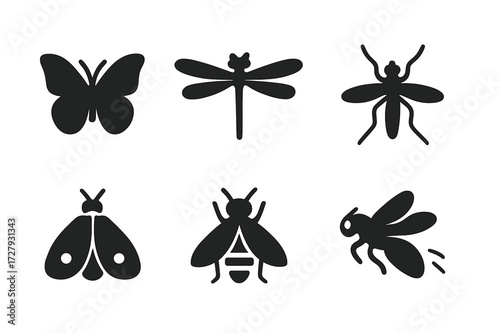 Insect Flight Icons. Solid, filled icon set of insect flight: butterfly, dragonfly, bee, mosquito, moth, wasp, beetle wings open, fly in motion. Solid, filled