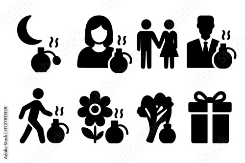 Fragrance Icon Set. Solid, filled icon set of fragrance occasions: evening event, casual day, romantic date, formal party, office wear, outdoor activity,