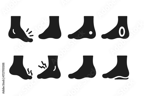 Foot Health Icons. Solid, filled icon set of feet health: plantar fasciitis, bunion, callus, blister, athlete?s foot, sprain, swelling, arch support. Solid,