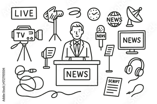 Live News Doodle. Hand-drawn doodle illustration Live news broadcast television, camera, microphone, on air sign, news anchor, desk, teleprompter, light stand,
