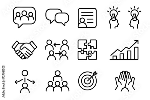 Team Communication Icons. Team communication. Line icon set of team communication: group chat, speech bubbles, shared documents, brainstorming, collaboration