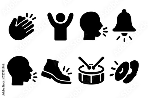 Applause Sound Icons. Solid, filled icon set of applause sounds: clapping, cheering, whistling, shouting, stomping, bell ringing, drum roll, cymbal crash.