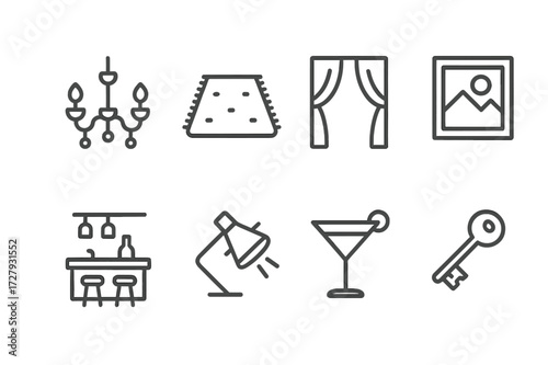 VIP Room Icon Set. Outline icon set of VIP room decor: chandelier, plush carpet, velvet curtain, exclusive art, private bar, spotlight, cocktail glass, gold