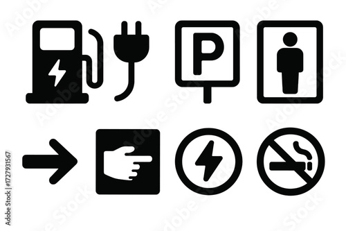 Charging Station Icons. Solid, filled icon set of charging station signage: EV icon, plug symbol, parking sign, reserved spot, directional arrow, usage