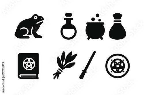Toad Witchcraft Icons. Solid, filled icon set of toad-related witchcraft tools: toad figurine, potion bottle, bubbling cauldron, charm pouch, spellbook, herb