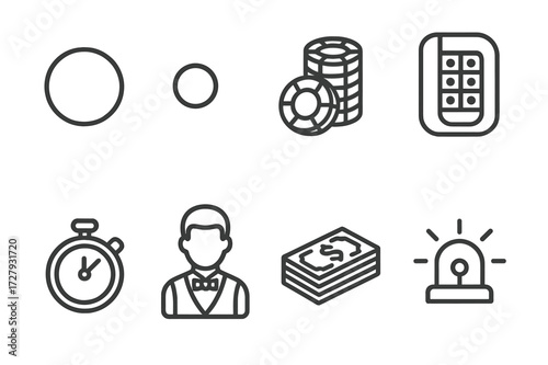 Roulette Icon Set. Outline icon set of roulette accessories: dealer button, ball, chips, table felt, timer, dealer, money stack, casino light. Line icons in