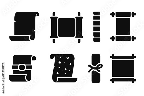 Ancient Scroll Icon Set. Solid, filled icon set of scroll materials: papyrus, vellum, rice paper, bamboo scroll, silk scroll, leather-bound scroll, handmade