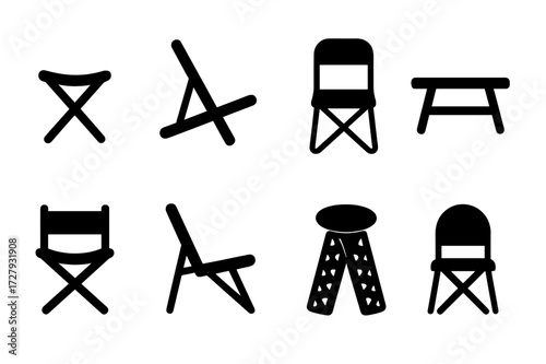 Foldable Chairs Icons. Solid, filled icon set of foldable and portable chairs: camping stool, foldable recliner, metal folding chair, picnic bench, director?s