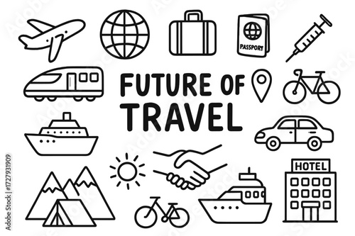 Future Travel Icons. Hand-drawn doodle illustration Future of travel airplane, globe, suitcase, passport, train, map pin, cruise ship, bicycle, car, tent,