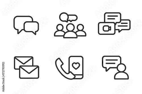 Communication Outline Icons. Outline icon set of bond and communication: speech bubbles, group chat, video call, message thread, email chain, phone call,