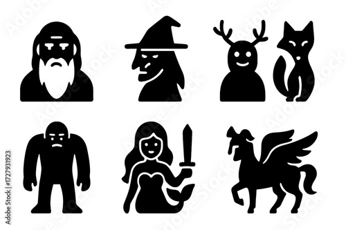 Folklore Icon Set. Solid, filled icon set of folklore tale characters: wise old man, witch, forest spirit, trickster fox, giant, mermaid, hero warrior, magical