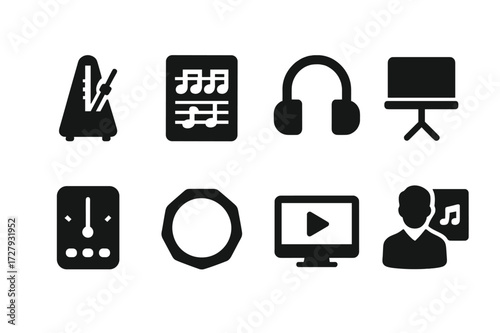 Solo Practice Tools. Solid, filled icon set of solo practice tools: metronome, sheet music, headphones, music stand, tuner, practice pad, video tutorial,