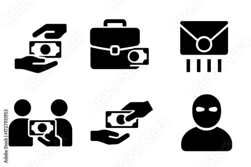 Bribery Icons Set. Solid, filled icon set of bribery concepts: cash handover, briefcase with money, handshake with cash, hidden envelope, secret meeting, hand