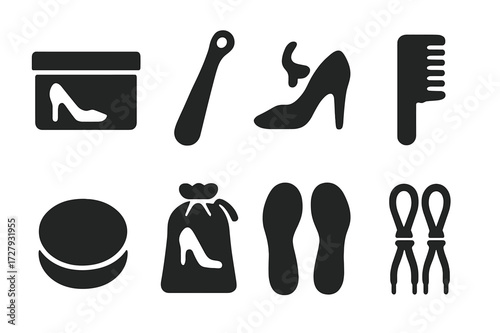 Shoe Accessories Icons. Solid, filled icon set of heel shoe accessories: shoe box, shoe horn, heel protector, shoe brush, shoe polish, shoe bag, insoles,