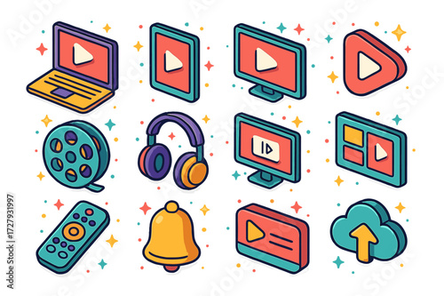 Colorful Streaming Icons. Video streaming. Colorful isometric vector icons set of Video streaming: laptop, tablet, TV, play button, video reel, headphones,