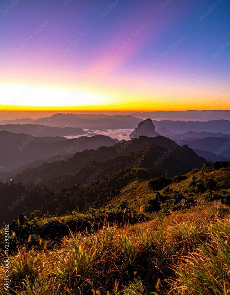Fototapeta premium Vibrant sunrise paints a mountainous landscape with hazy valleys and golden foreground grasses, creating a serene, peaceful vista