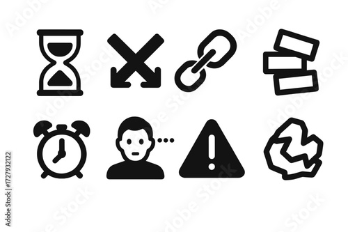 Inefficient Management Icons. Solid, filled icon set of inefficient management: hourglass running out, crossed arrows, broken link, disorganized stack, alarm
