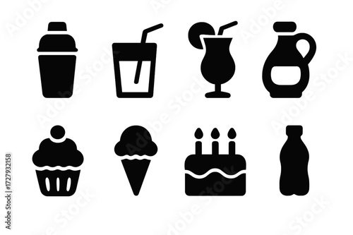 Syrup Party Icons. Solid, filled icon set of syrup party and drinks: cocktail shaker, glass with straw, tropical drink, dessert topping, party cupcake, ice