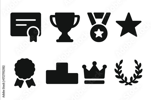 Executive Achievement Icons. Solid, filled icon set of executive achievements: certificate, trophy, medal, star, ribbon, podium, crown, laurel wreath. Solid,