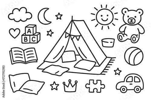 Kids' Playtime Doodles. Hand-drawn doodle illustration Kids play tent play tent, toy block, teddy bear, ball, book, pillow, blanket, star, moon, sun, crown,