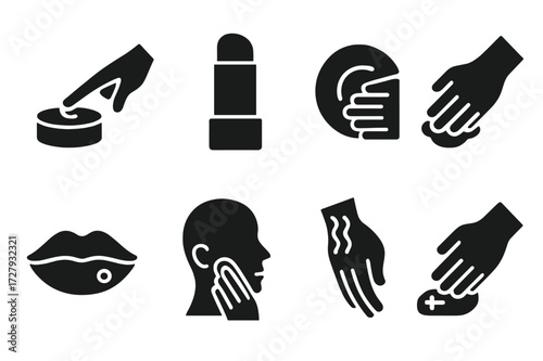 Balm Application Icons. Solid, filled icon set of solid balm application: finger applying balm, balm stick, massaging balm, spreading balm, moisturizing lips,