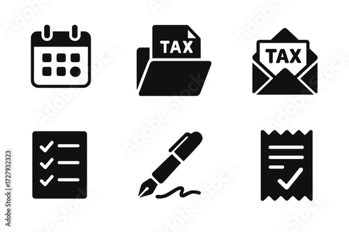 Tax Filing Icons. Solid, filled icon set of tax filing: calendar deadline, document folder, online submission, paper mail, checklist, signature pen, tax