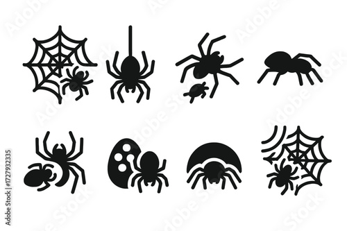 Spider Behavior Icons. Solid, filled icon set of spider behavior: spinning web, hanging down, pouncing, crawling, molting, egg-laying, hiding, web vibrating.