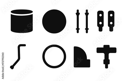 Drum Component Icons. Solid, filled icon set of floor tom components: drum shell, drumhead, tension rods, lugs, legs, hoop rim, bearing edge, drum key. Solid,