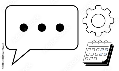 Speech bubble with ellipsis, calendar for scheduling, and gear symbolizing process optimization. Ideal for communication, organization, planning, workflow, collaboration, productivity and teamwork