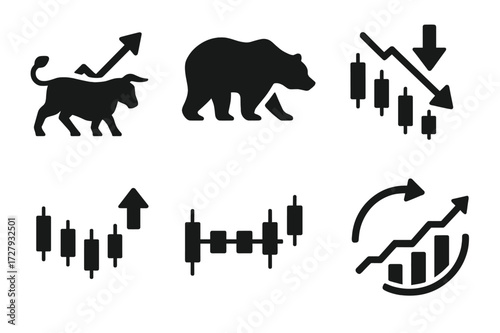 Stock Market Icons. Solid, filled icon set of stock market trends: bull market, bear market, correction, rally, consolidation, breakout, reversal, sector