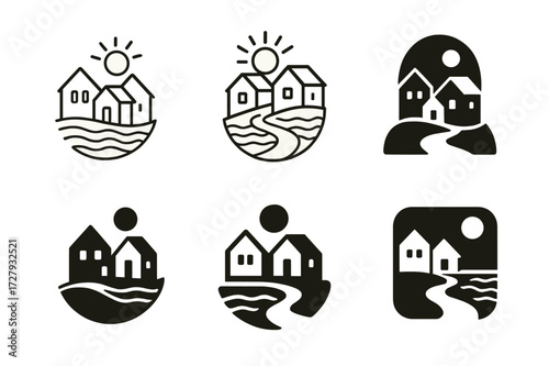Coastal Town Logos. Coastal town. Set Logo of coastal town: coastal houses. harmonious logo variations of the same emblematic concept, each with different