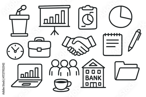 Business Conference Doodles. Hand-drawn doodle illustration Bank conference presentation podium, microphone, projector screen, bar chart, pie chart, handshake,