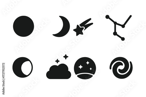 Night Sky Icons. Solid, filled icon set of night sky elements: moon phases, shooting star, constellation, eclipse, night cloud, dark sky, horizon glow, galaxy
