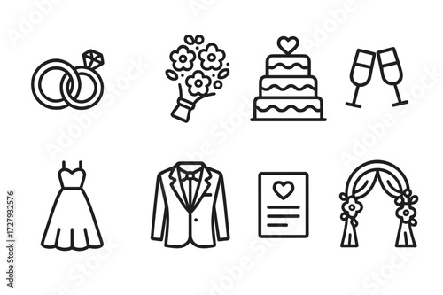 Wedding Icon Set. Outline icon set of wedding essentials: wedding rings, bridal bouquet, wedding cake, champagne glasses, wedding dress, tuxedo, invitation