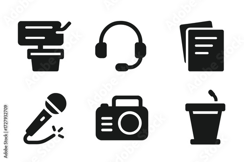 Speech Delivery Icons. Solid, filled icon set of speech delivery tools: handheld mic, headset mic, teleprompter, cue cards, laser pointer, voice amplifier,