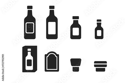 Vodka Icon Set. Solid, filled icon set of vodka bottles and packaging: classic vodka bottle, frosted glass bottle, shot bottle, mini bottle, boxed vodka, label